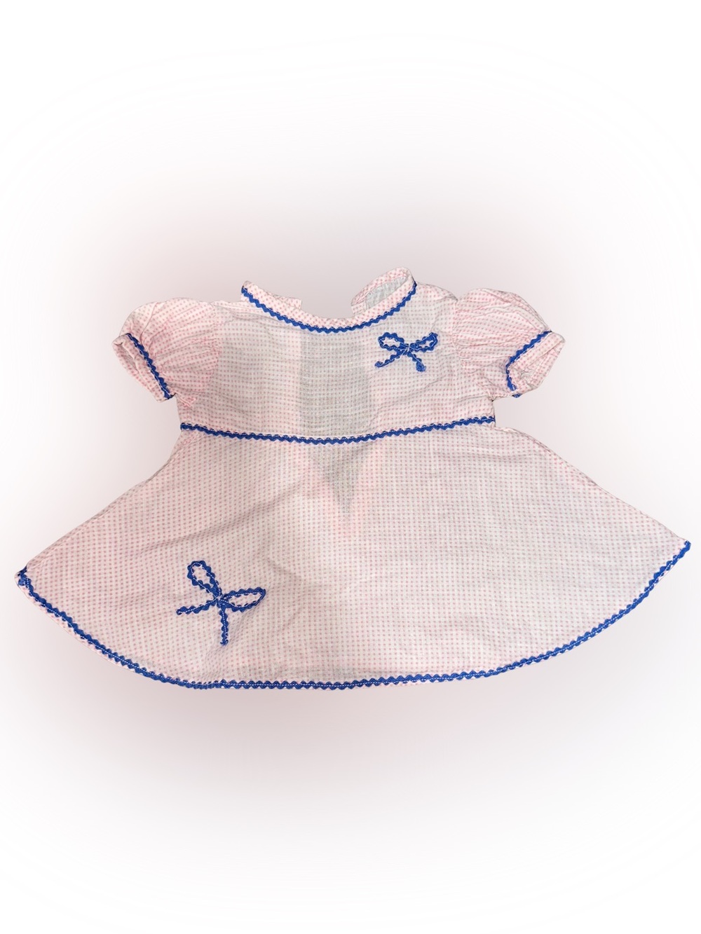 Vintage 70’s Pink Gingham Doll Dress w/ Blue Ric Rac Trim Bow Design